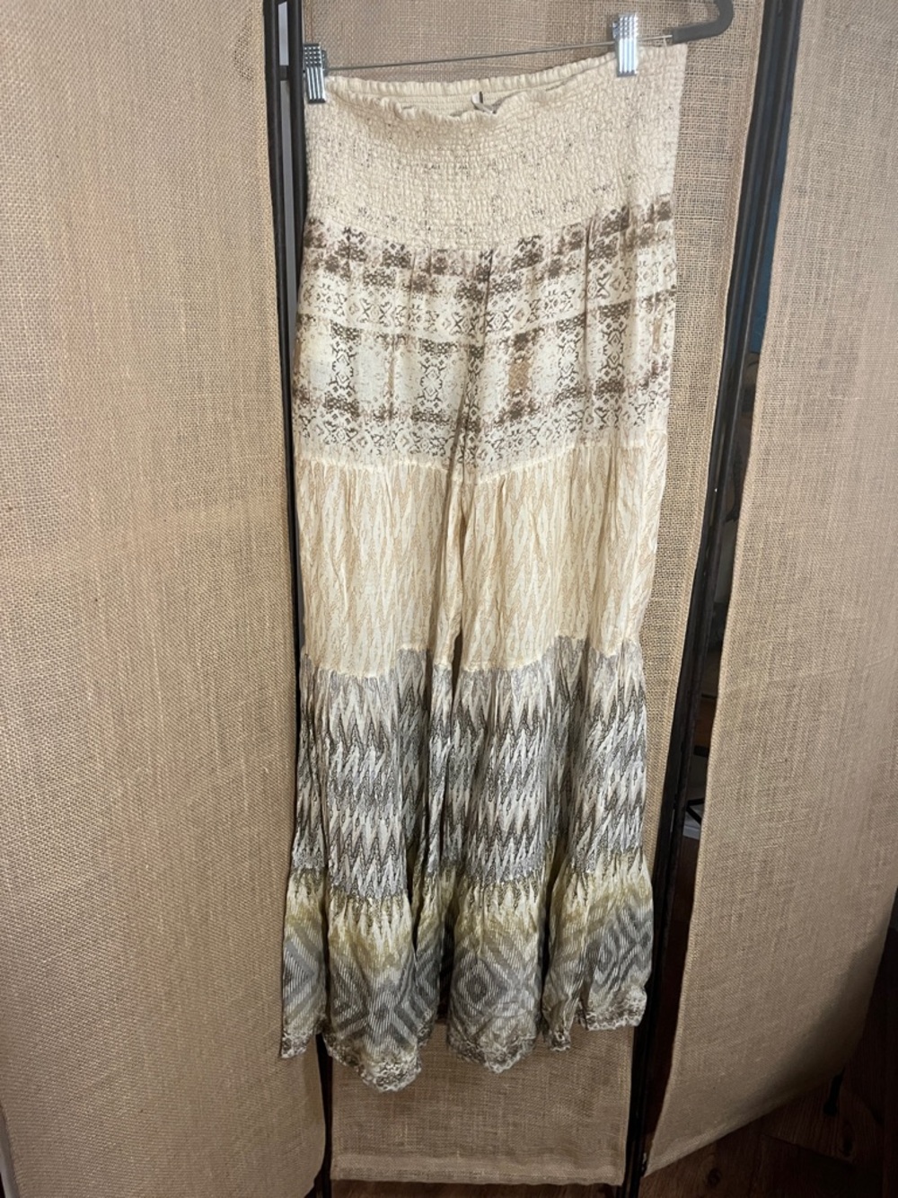 Free People Neutral Beige and Taupe Patterned Wide-Leg Jumpsuit Pants